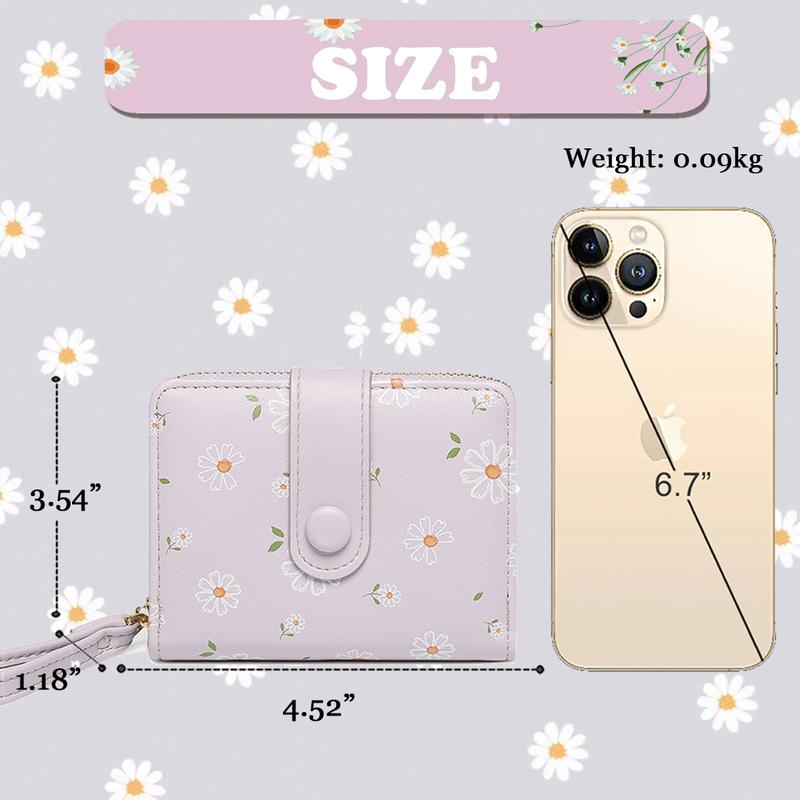 Cute Daisy Flowers Print Wallets with Exterior Zipper Around Coin Purse Bifold Bill Wallet with Credit Card Holder Id Window