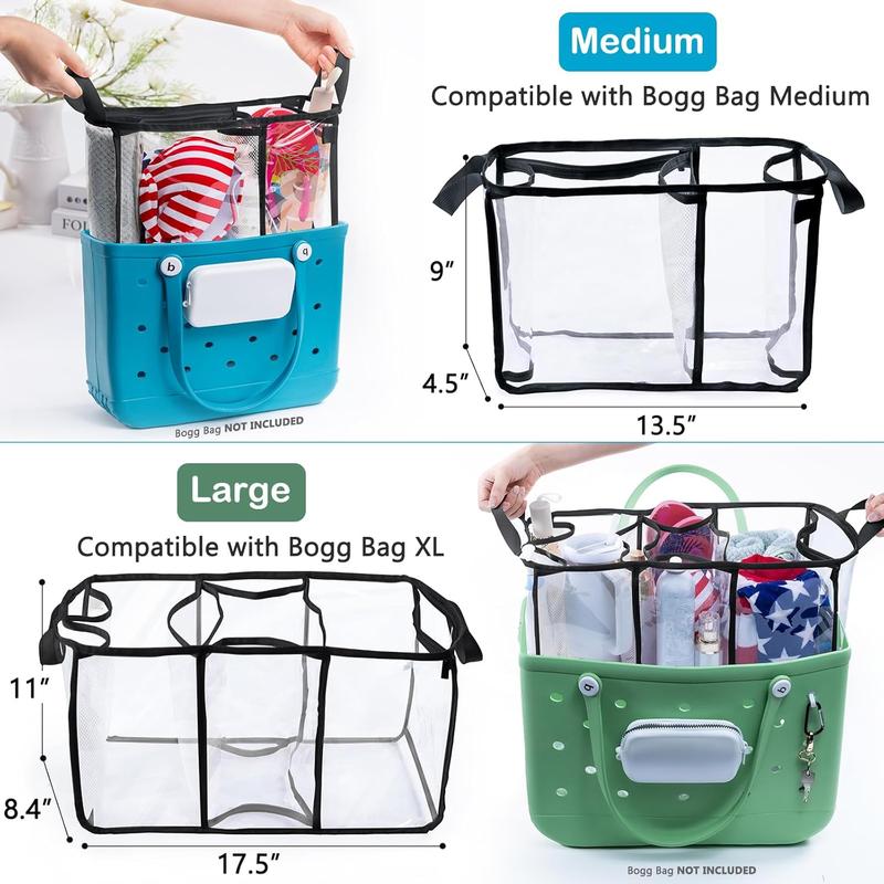 Clear Beach Bag Organizer Insert with 3count Accessories for Medium Bogg Bag Inserts -Beach Tote Bag Divider with Sunglasses Holder, Phone Holder and Clips Hooks - Beach Tote Bag Insert Organizer Liner