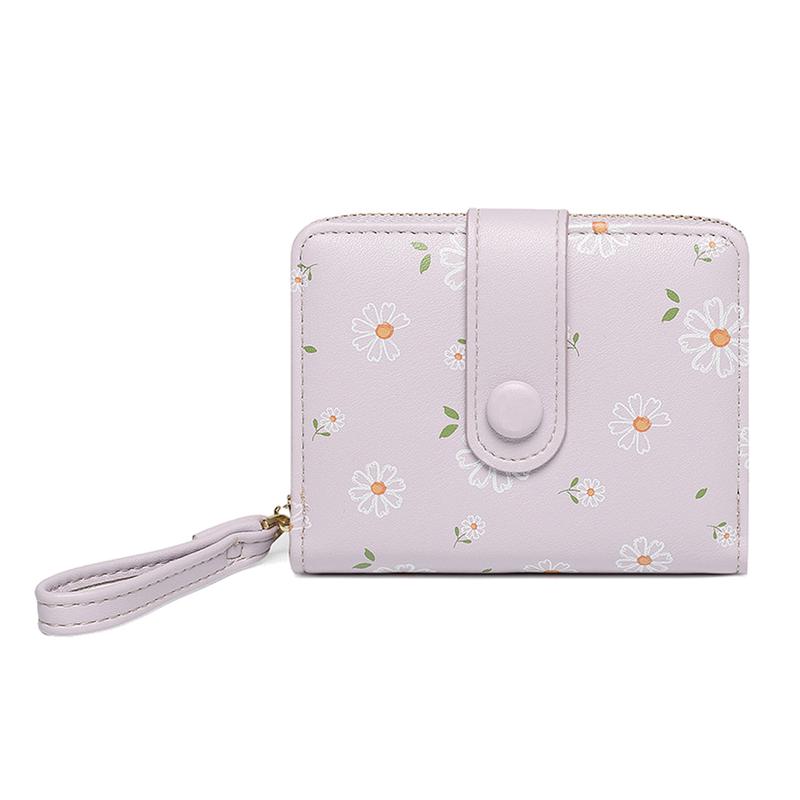 Cute Daisy Flowers Print Wallets with Exterior Zipper Around Coin Purse Bifold Bill Wallet with Credit Card Holder Id Window