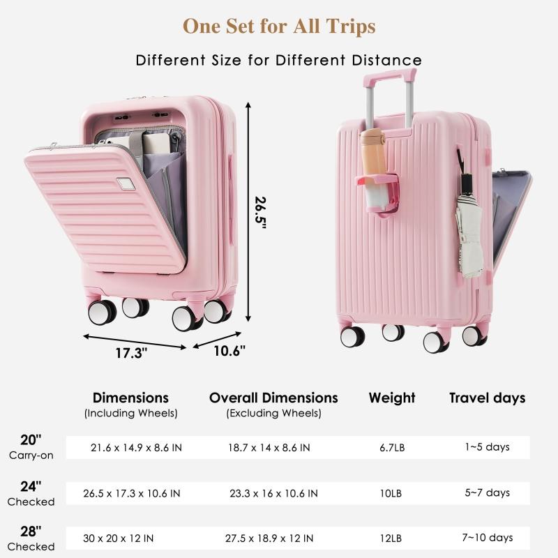 Luggage Set of 4 with USB Port, 20, 24inch with front opening design Airline Certified Carry on Luggage with Cup Holder, ABS Hard Shell Luggage with Expandable Travel Bag, pink