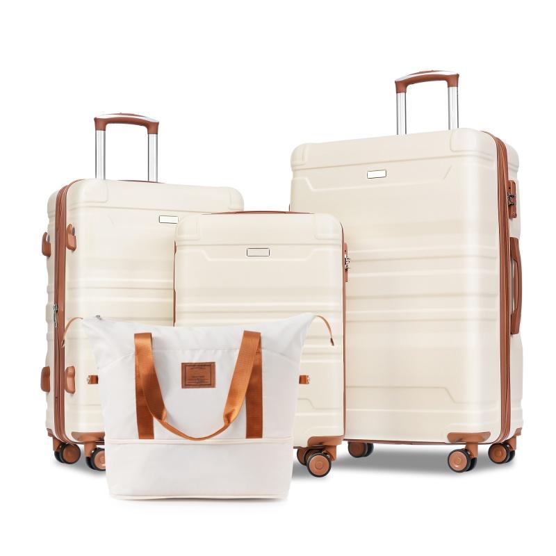 [Bellemave] Tugage Set 4 Piecework, Expantable ABS Durable Suitcase with Travel Bag, Carry On Storage Suitcase Set with 360 ° Spinner Wheels, ivory and Brown