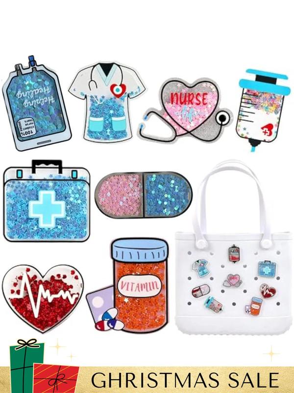 Nurse Themed Contrast Sequin Bag Accessories, Letter & Nurse Hat & Medicine Bottle & Syringe & Heart Shaped Bag Decoration, Bag Decoration for Women & Girls, Multifunctional Charm for Clogs Gift