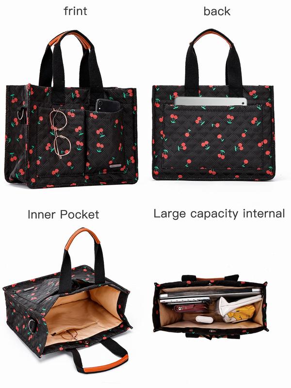 Cherry   Flower Pattern Quilted Shoulder Bag & Clutch Bag Set, Work Bag, Large Capacity Zipper All Over Print Handbag Bag with Pockets & Storage Bag, Fashion Women's Bag Set for Daily Used