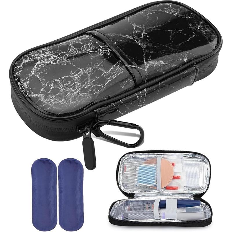 Insulin Pen Cooler Travel Case with 2 TSA Approved Ice Packs, Medication Cooler for Diabetic Supplies, Compact for Daily Life and Trip (Marble Black)