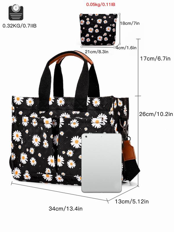 Cherry   Flower Pattern Quilted Shoulder Bag & Clutch Bag Set, Work Bag, Large Capacity Zipper All Over Print Handbag Bag with Pockets & Storage Bag, Fashion Women's Bag Set for Daily Used