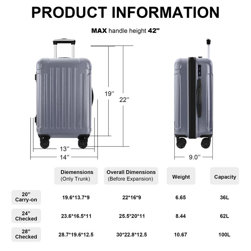 3-piece luggage set with rotating wheels ABS+PC lightweight (20 