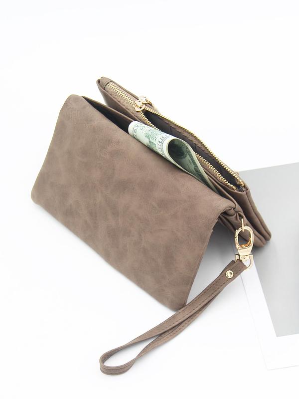 Women's Solid Color Double Zipper Long Wallet, Fashionable Multi-function PU Leather Wristlet for Daily Used, Casual Trendy Versatile High-quality Daily Commuting Bag