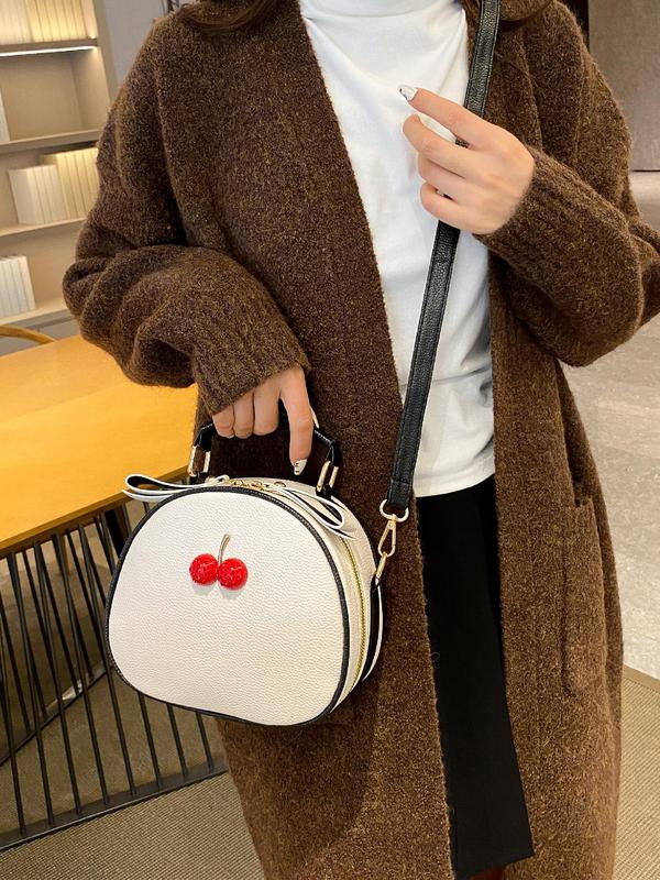 Stylish Cherry Decor Handbag, Fashionable Pu Leather Zipper Adjustable Strap Crossbody Bag for Women for Work Office & Shopping & Daily Used