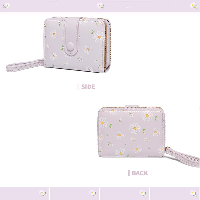 Cute Daisy Flowers Print Wallets with Exterior Zipper Around Coin Purse Bifold Bill Wallet with Credit Card Holder Id Window