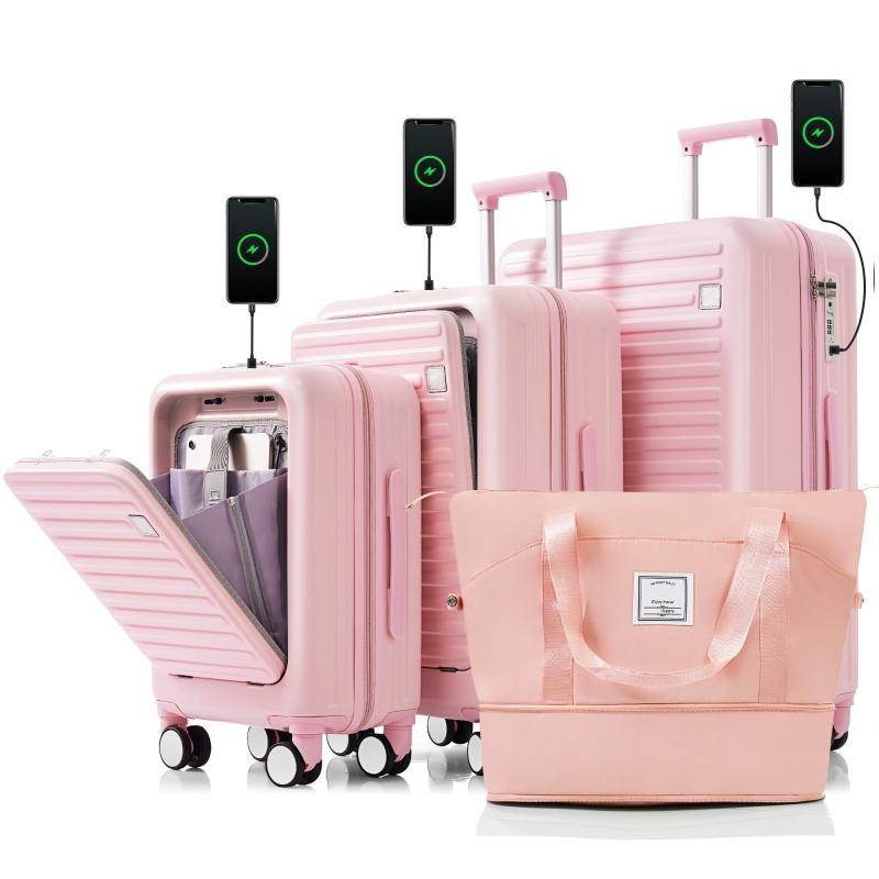 Luggage Set of 4 with USB Port, 20, 24inch with front opening design Airline Certified Carry on Luggage with Cup Holder, ABS Hard Shell Luggage with Expandable Travel Bag, pink