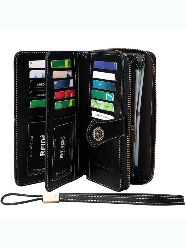 Women's Fashionable Plain Color Long Wallet, RFID Blocking Card Holder, Casual Versatile Zipper Phone Wallet, Large Capacity Card Holder, Portable Vintage Clutch Bag