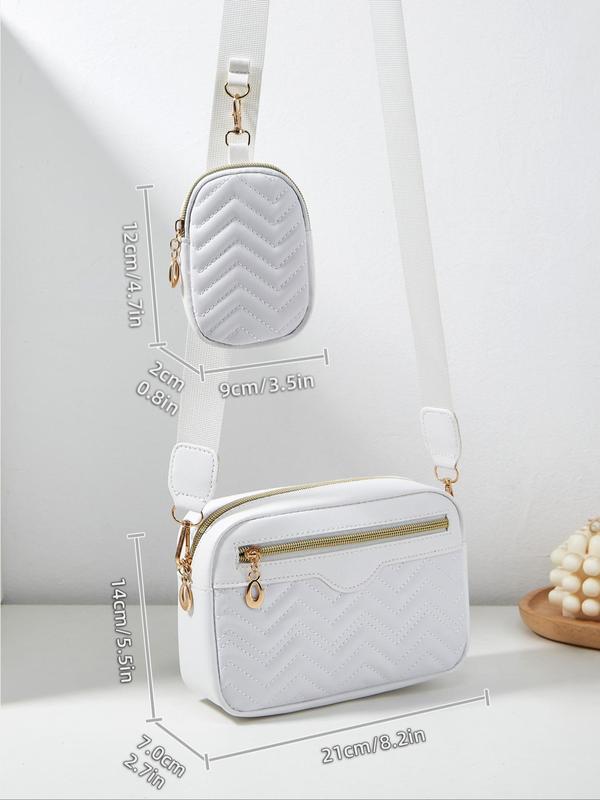 Spring Fashion V-shaped Quilted Pu Leather Crossbody Bag & Wallets for Women, 1 Set Casual Plain Color Geometric Pattern Zipper Square Work Bags for Women, with Adjustable Strap, Unisex