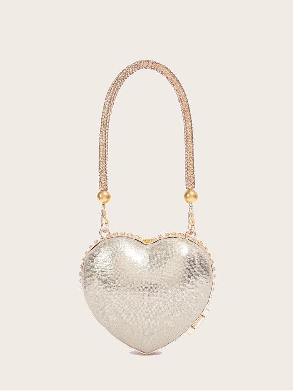 Women's Elegant Rhinestone Heart Decorated Evening Bag, Exquisite Trendy Chain Strap Clutch Bag, Fashionable Bag for Party Decoration