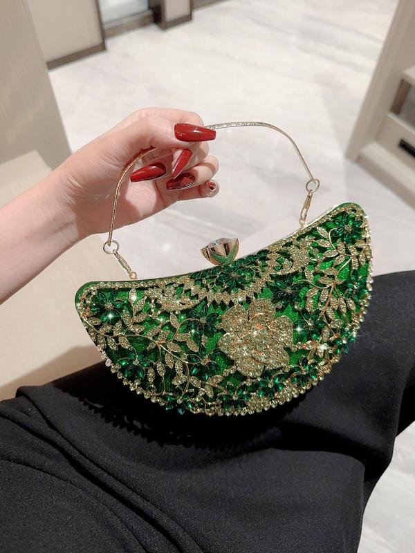 Women's Elegant Glitter Rhinestone Decorated Evening Bag with Flower Design, Trendy Exquisite Handbag, Fashionable Bag For Party Decoration