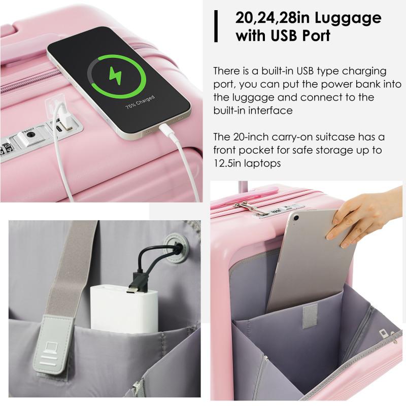 Luggage Set of 4 with USB Port, 20, 24inch with front opening design Airline Certified Carry on Luggage with Cup Holder, ABS Hard Shell Luggage with Expandable Travel Bag, pink