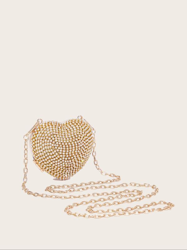 Women's Elegant Rhinestone Heart Decorated Evening Bag, Exquisite Trendy Chain Strap Clutch Bag, Fashionable Bag for Party Decoration