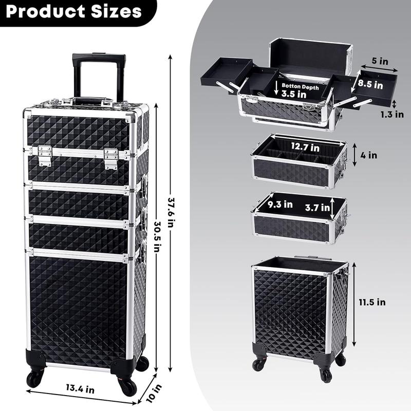 Rolling Makeup Case 4 in 1 Trolley Train Case Professional Cosmetic Box for Makeup Artist Hairstylists Nail Tech Barber Case with Keys Swivel Wheels