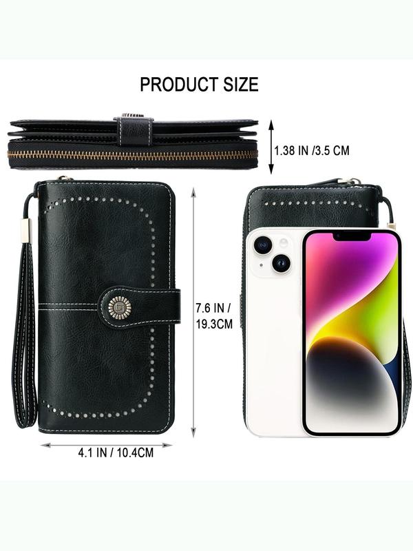 Women's Fashionable Plain Color Long Wallet, RFID Blocking Card Holder, Casual Versatile Zipper Phone Wallet, Large Capacity Card Holder, Portable Vintage Clutch Bag