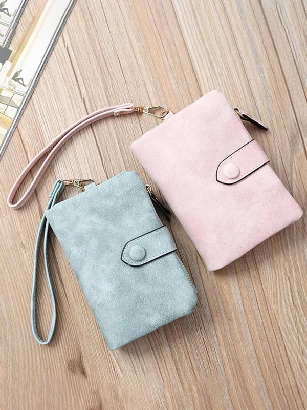 Women's Solid Color PU Leather Zipper Short Wallet, 2024 New Style Fashionable Light Green Wallet with Wrist Strap, Simple All-match Card Holder for Daily Used