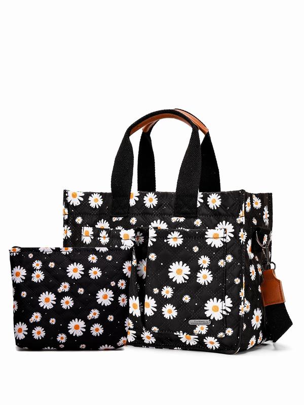 Cherry   Flower Pattern Quilted Shoulder Bag & Clutch Bag Set, Work Bag, Large Capacity Zipper All Over Print Handbag Bag with Pockets & Storage Bag, Fashion Women's Bag Set for Daily Used