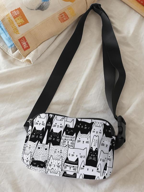 Women's Cute Cartoon Cat Pattern Fanny Pack, Large Capacity Travel Organizer, Casual Fashionable Crossbody Bag Zipper Closure