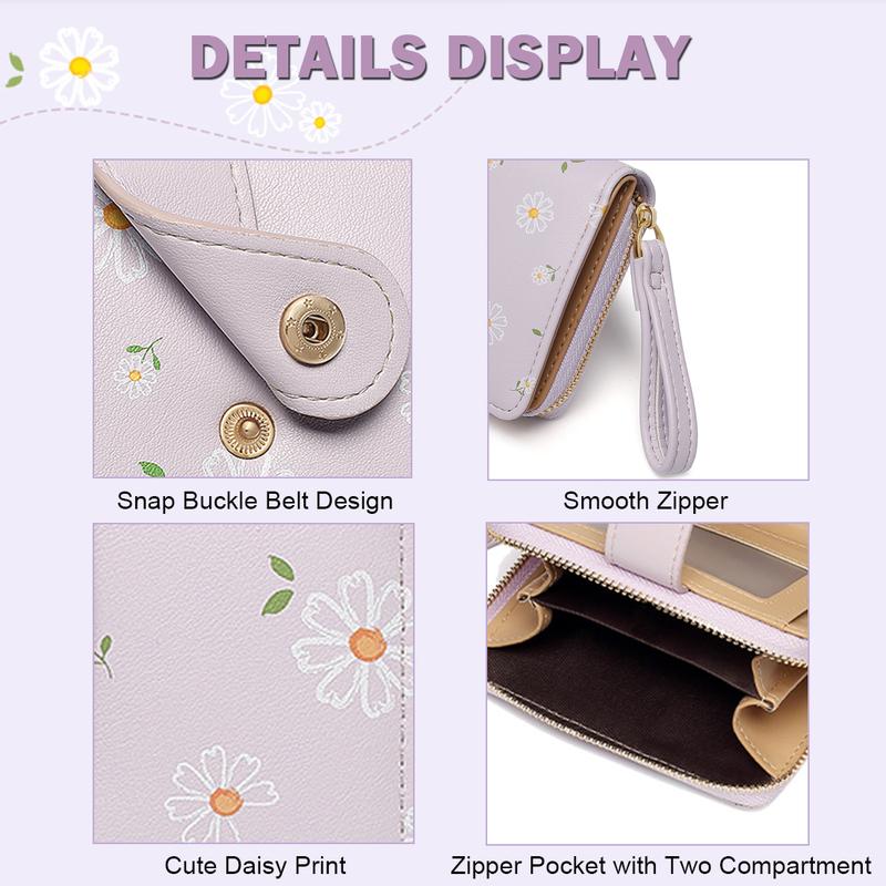 Cute Daisy Flowers Print Wallets with Exterior Zipper Around Coin Purse Bifold Bill Wallet with Credit Card Holder Id Window