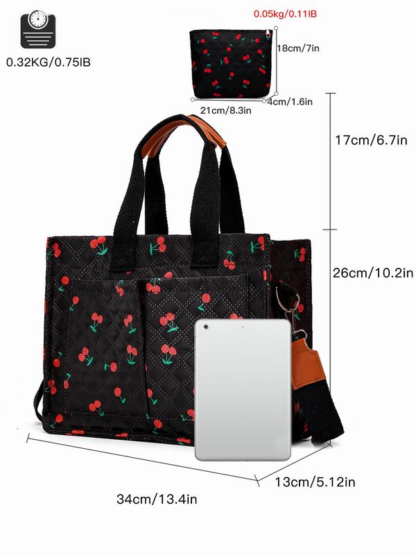 Cherry   Flower Pattern Quilted Shoulder Bag & Clutch Bag Set, Work Bag, Large Capacity Zipper All Over Print Handbag Bag with Pockets & Storage Bag, Fashion Women's Bag Set for Daily Used