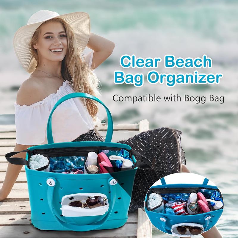 Clear Beach Bag Organizer Insert with 3count Accessories for Medium Bogg Bag Inserts -Beach Tote Bag Divider with Sunglasses Holder, Phone Holder and Clips Hooks - Beach Tote Bag Insert Organizer Liner