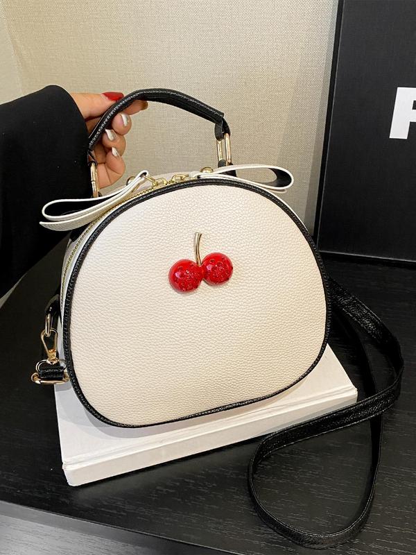 Stylish Cherry Decor Handbag, Fashionable Pu Leather Zipper Adjustable Strap Crossbody Bag for Women for Work Office & Shopping & Daily Used