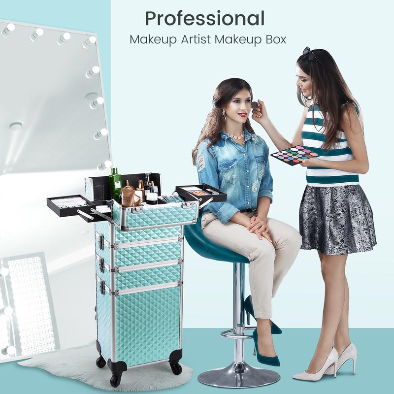 Rolling Makeup Case 4 in 1 Trolley Train Case Professional Cosmetic Box for Makeup Artist Hairstylists Nail Tech Barber Case with Keys Swivel Wheels