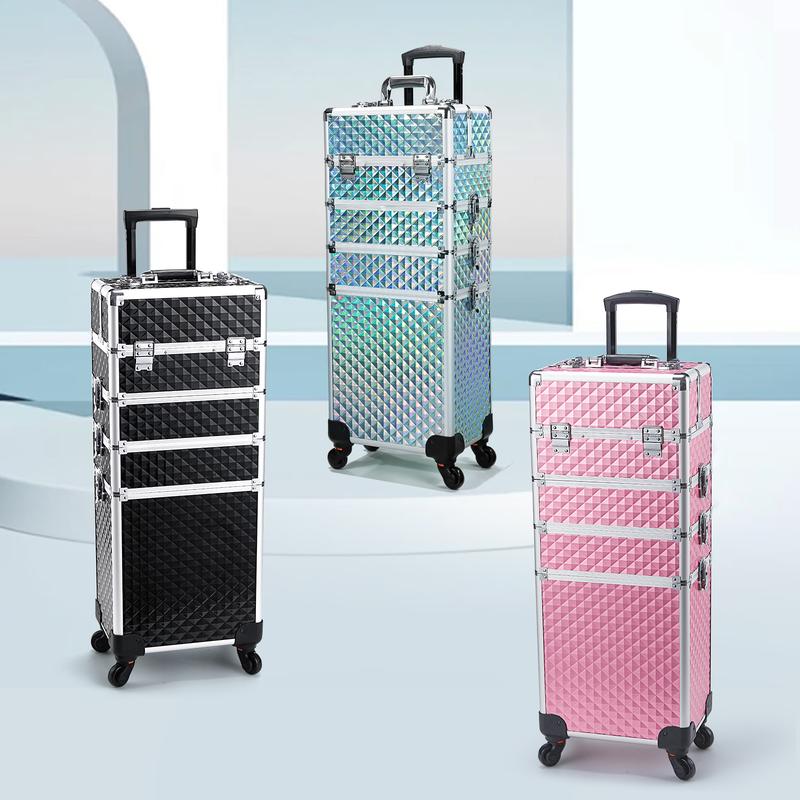 Rolling Makeup Case 4 in 1 Trolley Train Case Professional Cosmetic Box for Makeup Artist Hairstylists Nail Tech Barber Case with Keys Swivel Wheels