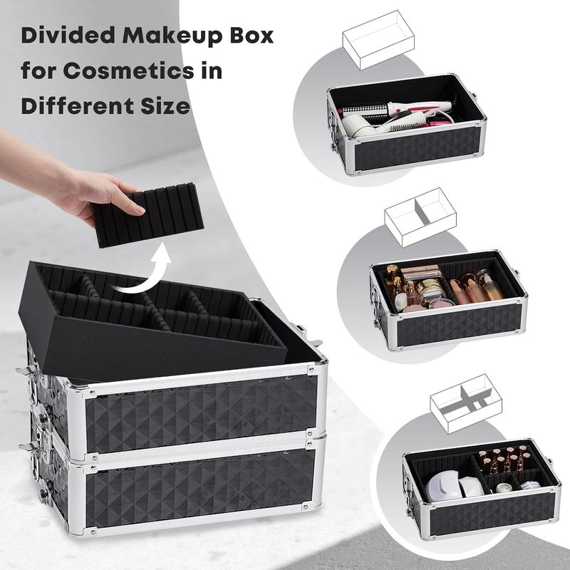 Rolling Makeup Case 4 in 1 Trolley Train Case Professional Cosmetic Box for Makeup Artist Hairstylists Nail Tech Barber Case with Keys Swivel Wheels