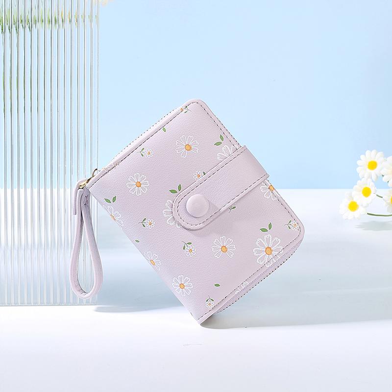 Cute Daisy Flowers Print Wallets with Exterior Zipper Around Coin Purse Bifold Bill Wallet with Credit Card Holder Id Window