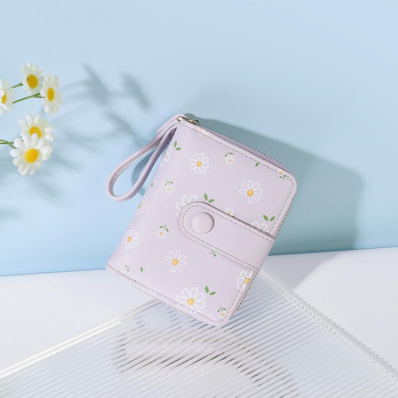 Cute Daisy Flowers Print Wallets with Exterior Zipper Around Coin Purse Bifold Bill Wallet with Credit Card Holder Id Window