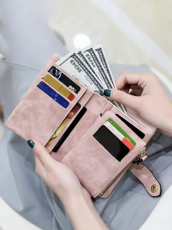 Women's Solid Color PU Leather Zipper Short Wallet, 2024 New Style Fashionable Light Green Wallet with Wrist Strap, Simple All-match Card Holder for Daily Used