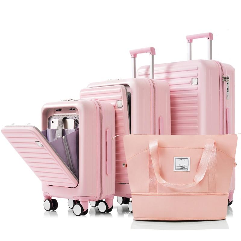 Luggage Set of 4 with USB Port, 20, 24inch with front opening design Airline Certified Carry on Luggage with Cup Holder, ABS Hard Shell Luggage with Expandable Travel Bag, pink