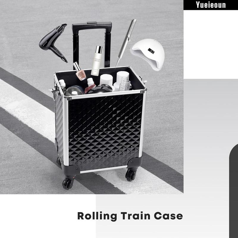 Rolling Makeup Case 4 in 1 Trolley Train Case Professional Cosmetic Box for Makeup Artist Hairstylists Nail Tech Barber Case with Keys Swivel Wheels