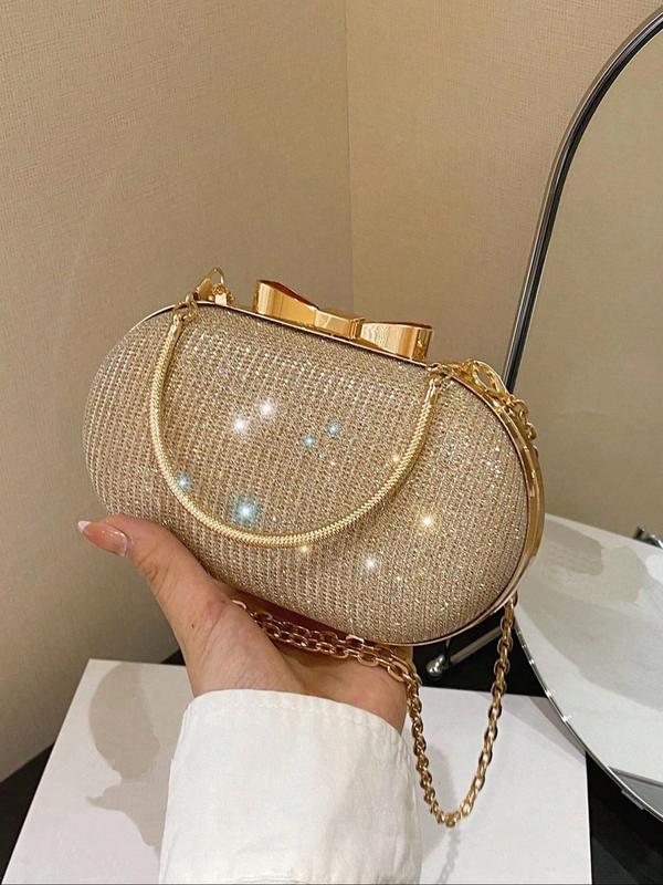 Women's Evening Bags for Party Wedding Perfect for Gift, Elegant Solid Color Bow Decor Glittery Box Clutch with Chain Strap & Ring Handle