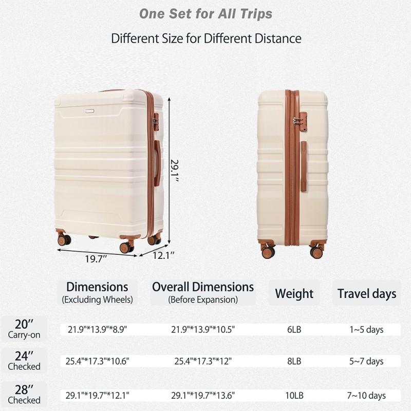 [Bellemave] Tugage Set 4 Piecework, Expantable ABS Durable Suitcase with Travel Bag, Carry On Storage Suitcase Set with 360 ° Spinner Wheels, ivory and Brown