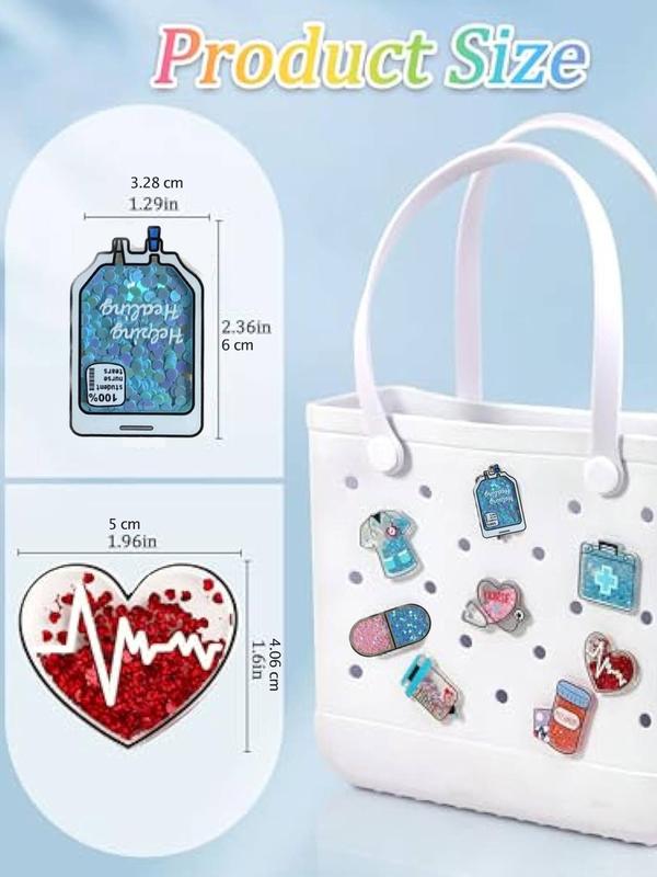 Nurse Themed Contrast Sequin Bag Accessories, Letter & Nurse Hat & Medicine Bottle & Syringe & Heart Shaped Bag Decoration, Bag Decoration for Women & Girls, Multifunctional Charm for Clogs Gift