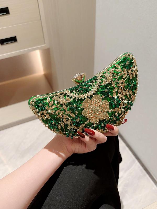 Women's Elegant Glitter Rhinestone Decorated Evening Bag with Flower Design, Trendy Exquisite Handbag, Fashionable Bag For Party Decoration