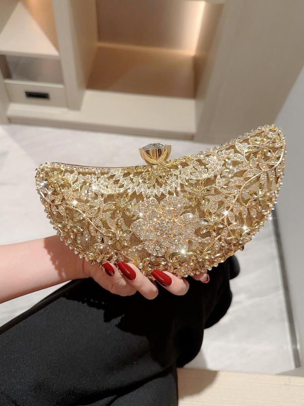 Women's Elegant Glitter Rhinestone Decorated Evening Bag with Flower Design, Trendy Exquisite Handbag, Fashionable Bag For Party Decoration