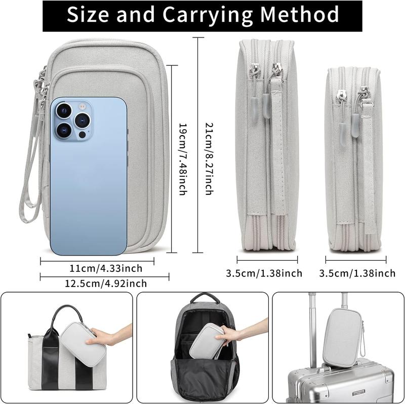 Electronics Organizer Travel Case, Cable Organizer Bag, Electronic Accessories Carry Case Water Resistant Double Layers Tech Storage Bag, Travel Essentials for Cord, Charger, Earphone, Grey