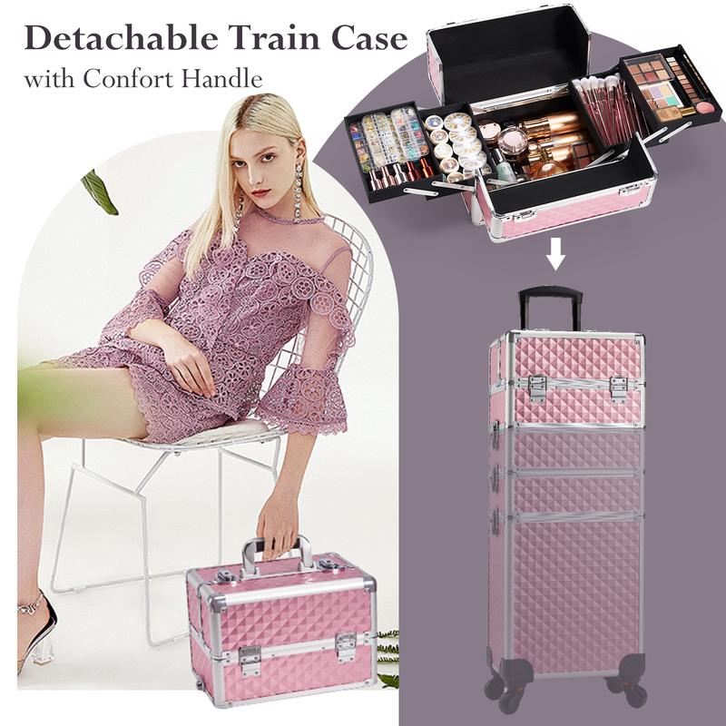 Rolling Makeup Case 4 in 1 Trolley Train Case Professional Cosmetic Box for Makeup Artist Hairstylists Nail Tech Barber Case with Keys Swivel Wheels