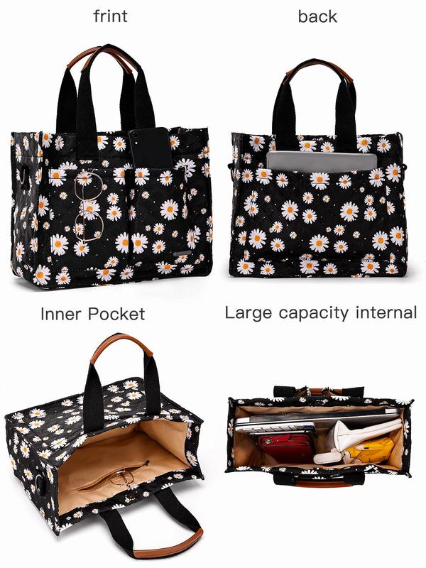 Cherry   Flower Pattern Quilted Shoulder Bag & Clutch Bag Set, Work Bag, Large Capacity Zipper All Over Print Handbag Bag with Pockets & Storage Bag, Fashion Women's Bag Set for Daily Used