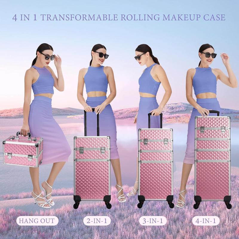 Rolling Makeup Case 4 in 1 Trolley Train Case Professional Cosmetic Box for Makeup Artist Hairstylists Nail Tech Barber Case with Keys Swivel Wheels