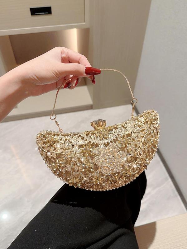 Women's Elegant Glitter Rhinestone Decorated Evening Bag with Flower Design, Trendy Exquisite Handbag, Fashionable Bag For Party Decoration