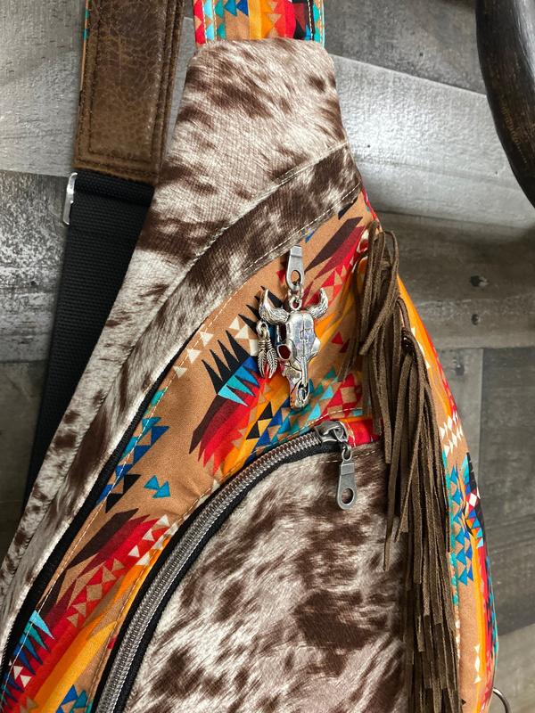 Summit Sling Bag  brown beige Cow longhorn print   Faux Leather Backpack  Cross Body fringe bag  highland cow  Western Bag aztec native