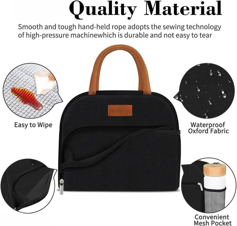 Women's lunch bag, adult men's lunch bag, small leak proof cute lunch handbag, large capacity reusable insulated refrigerated lunch container, suitable for work office picnic travel in black