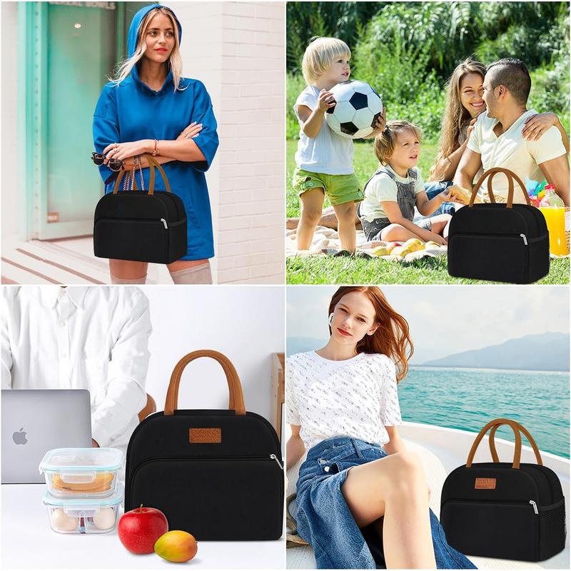 Women's lunch bag, adult men's lunch bag, small leak proof cute lunch handbag, large capacity reusable insulated refrigerated lunch container, suitable for work office picnic travel in black